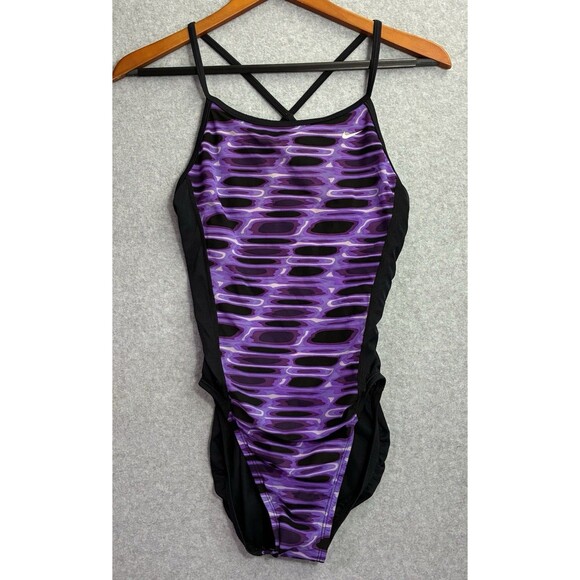Nike Women’s One Piece Swimsuit Small Purple Black Athletic Swimwear Racing Suit - Picture 1 of 6